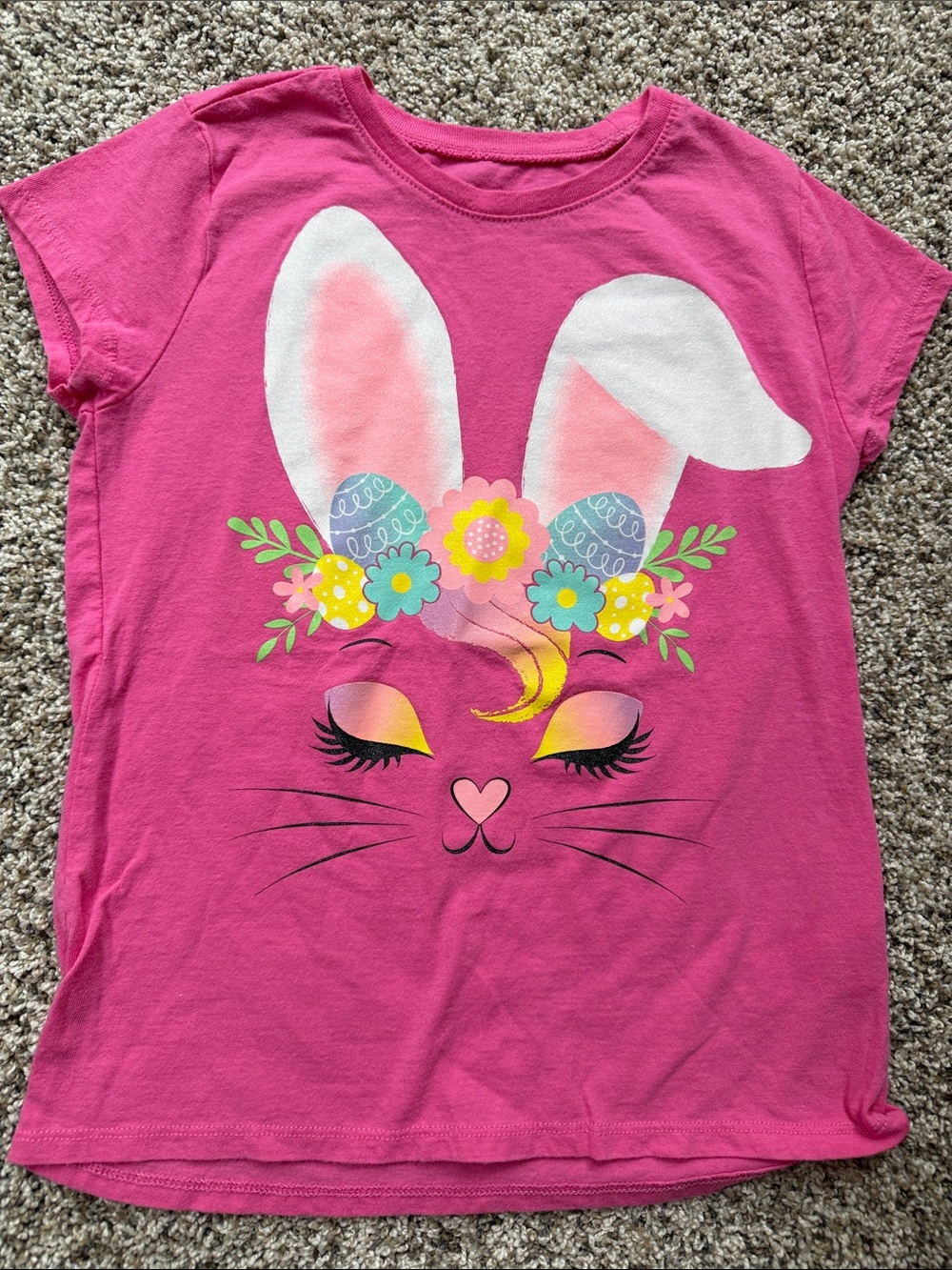 Children's Place Girls' Bright Pink Bunny Graphic Tee with Floral Crown Easter